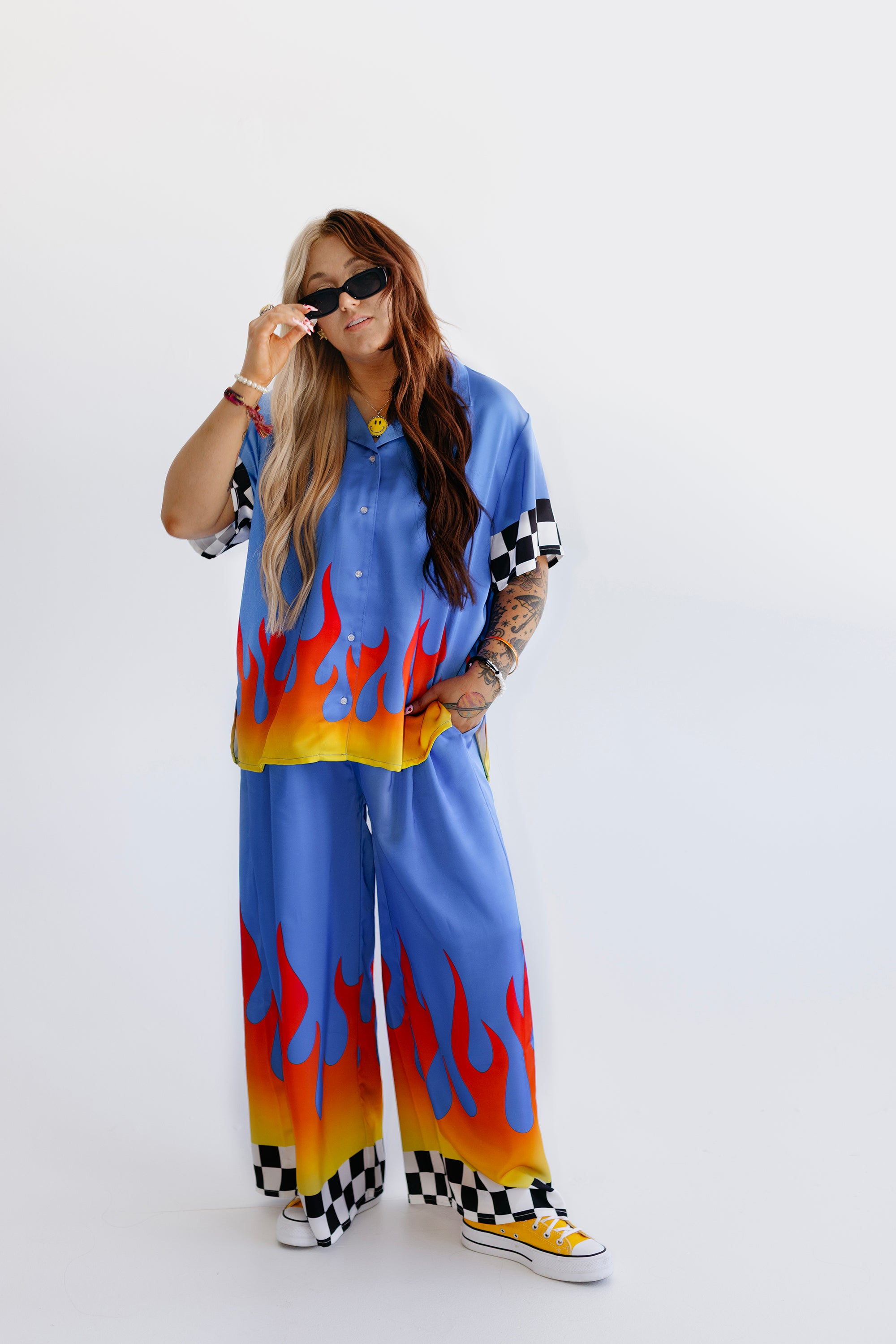 Blue Ignition Checker Short Sleeve Satin Set